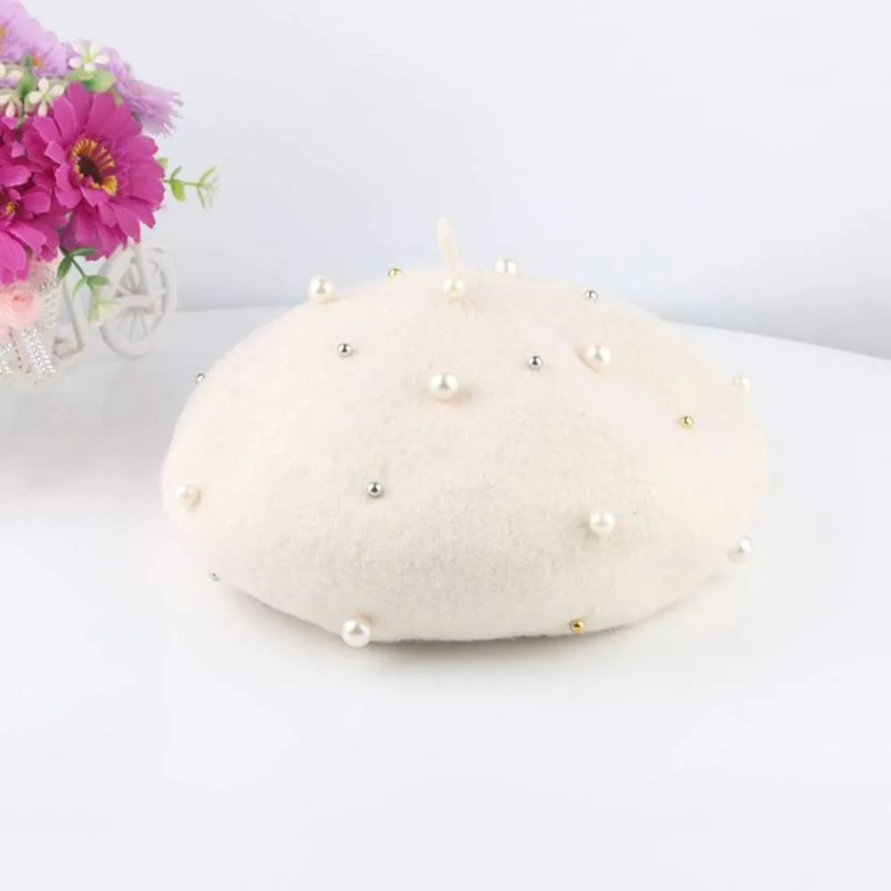 Women's Wool Berets Sweet French Pearl Beaded Beret Cap Winter Hat Knitted Beanie Hat for Girls