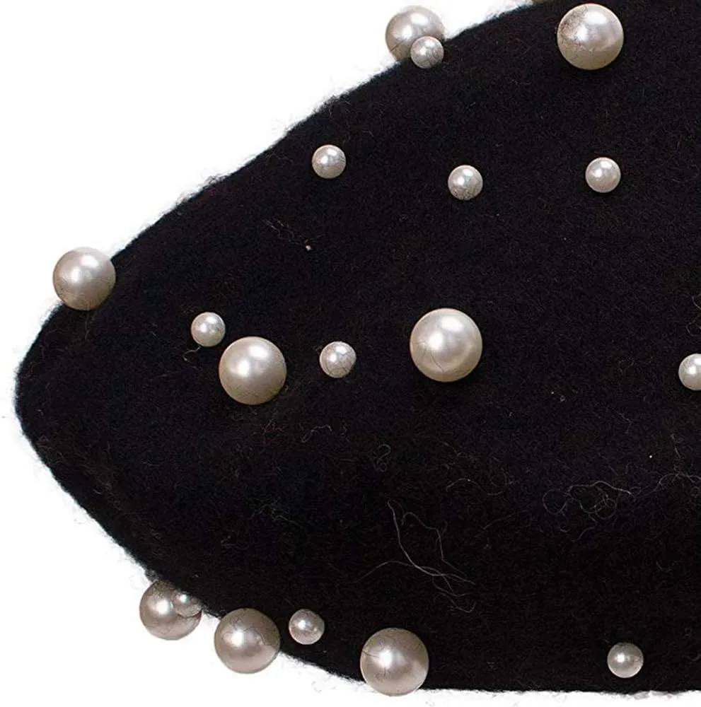 Women's Wool Berets Sweet French Pearl Beaded Beret Cap Winter Hat Knitted Beanie Hat for Girls