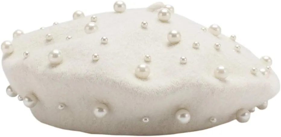 Women's Wool Berets Sweet French Pearl Beaded Beret Cap Winter Hat Knitted Beanie Hat for Girls
