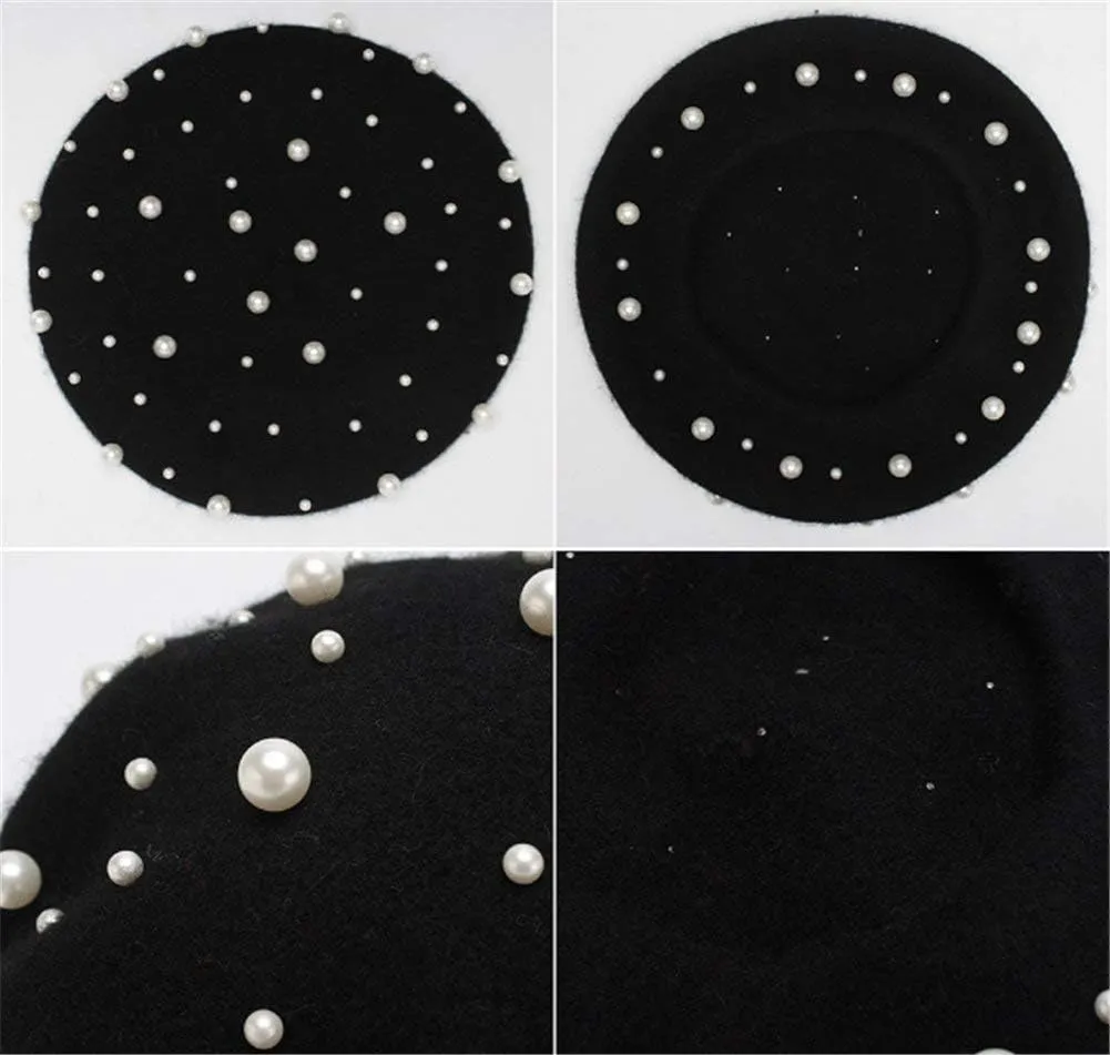 Women's Wool Berets Sweet French Pearl Beaded Beret Cap Winter Hat Knitted Beanie Hat for Girls