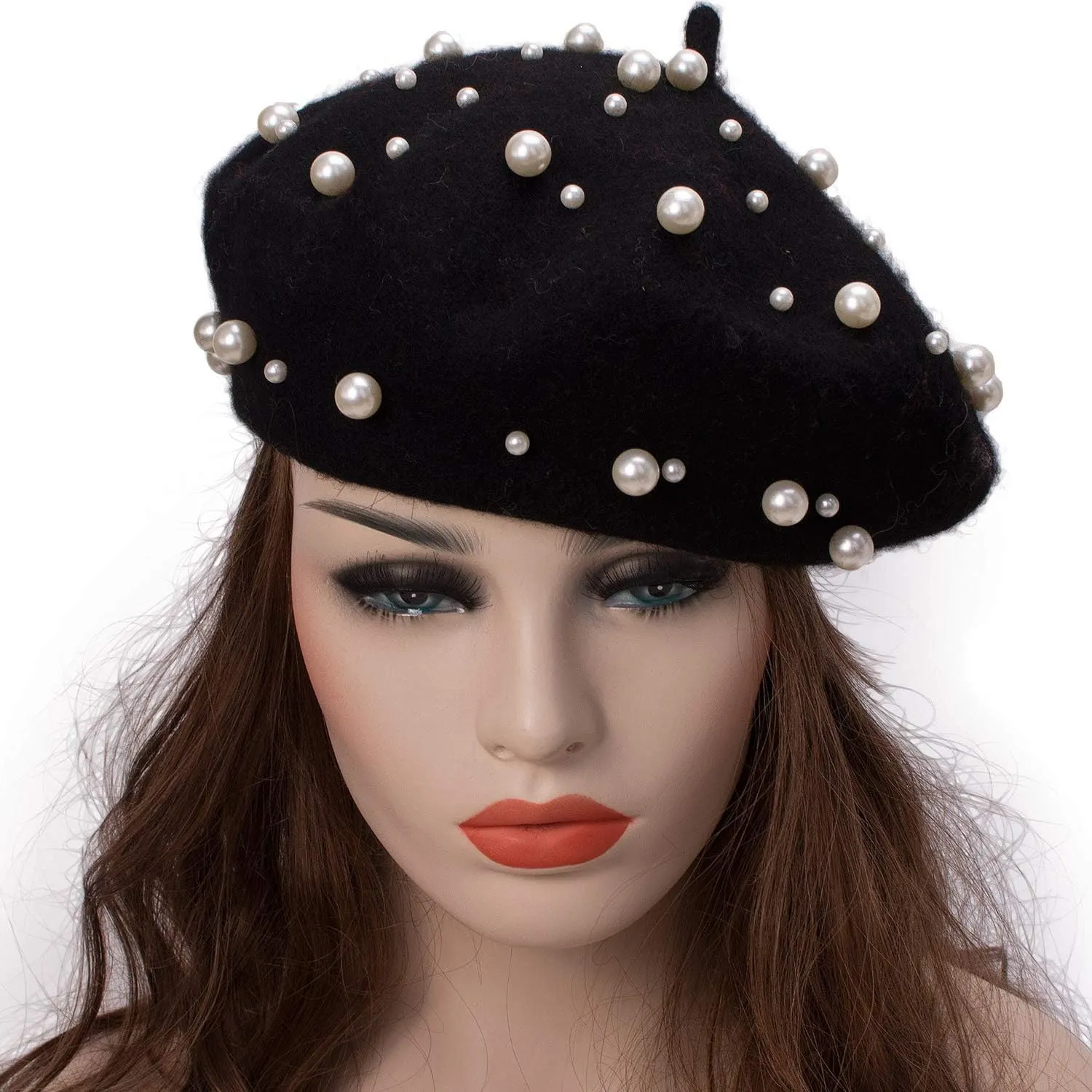 Women's Wool Berets Sweet French Pearl Beaded Beret Cap Winter Hat Knitted Beanie Hat for Girls
