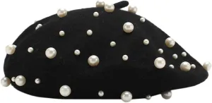 Women's Wool Berets Sweet French Pearl Beaded Beret Cap Winter Hat Knitted Beanie Hat for Girls