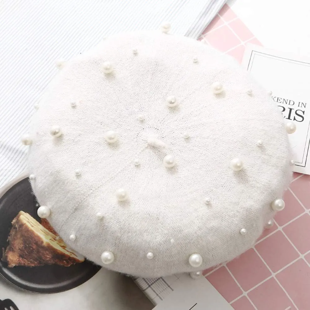 Women's Wool Berets Sweet French Pearl Beaded Beret Cap Winter Hat Knitted Beanie Hat for Girls