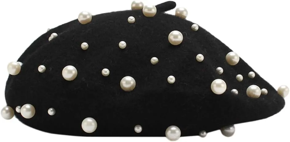 Women's Wool Berets Sweet French Pearl Beaded Beret Cap Winter Hat Knitted Beanie Hat for Girls